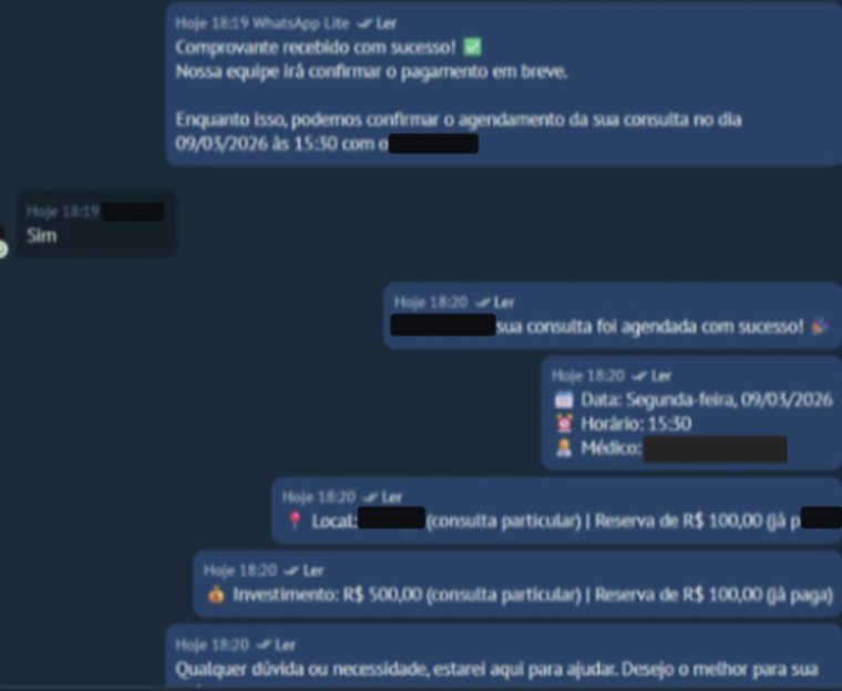 Print da conversa real de WhatsApp em que a funcionária digital confirma o comprovante recebido e agenda a consulta. Nomes cobertos.
